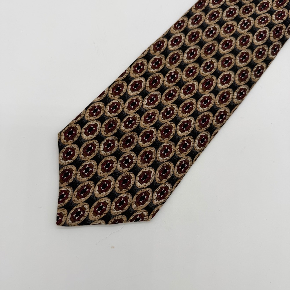 Geoffrey Beene Mens Silk Tie Vintage Geometric Medallion Brown Red Black RN43170